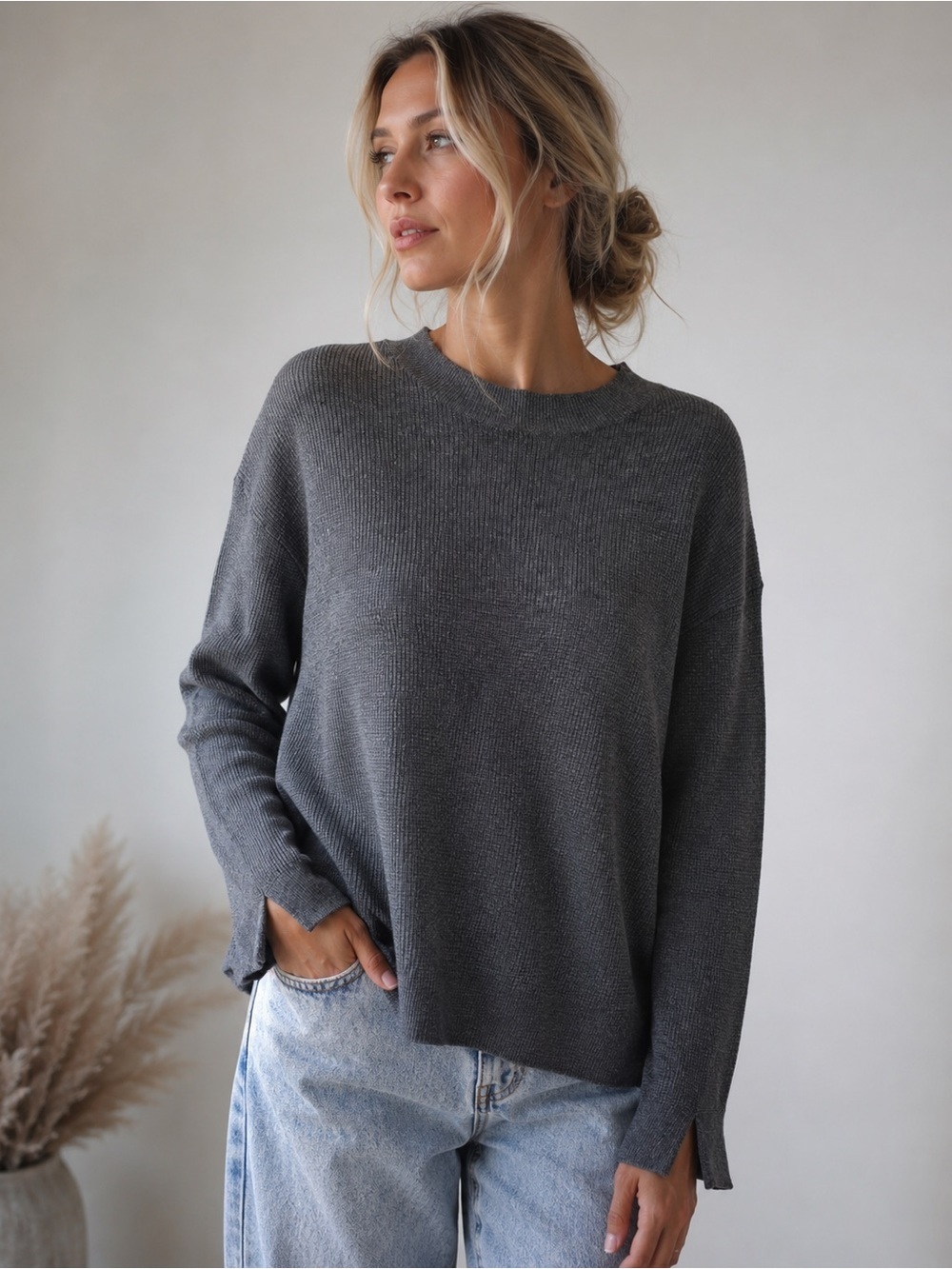 Line The Label Ribbed Crewneck Sweater Gray Medium Minimalist Slit Sleeve Knit